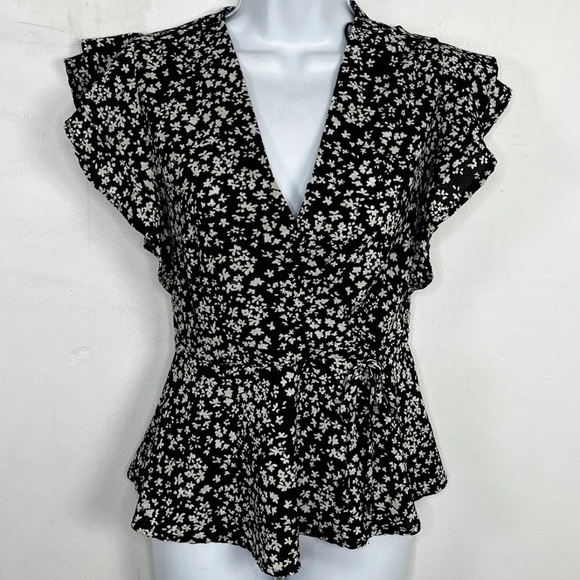 Black and white floral faux wrap blouse - size small - Picture 1 of 3